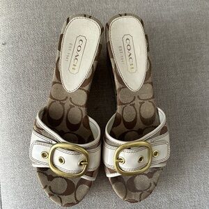 Coach Women's Brown and Cream Mules with Gold Buckle